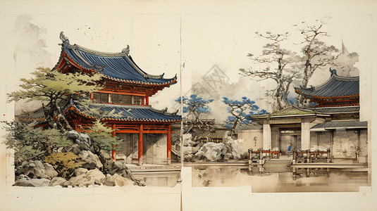 仿古中国庭院国画高清图片