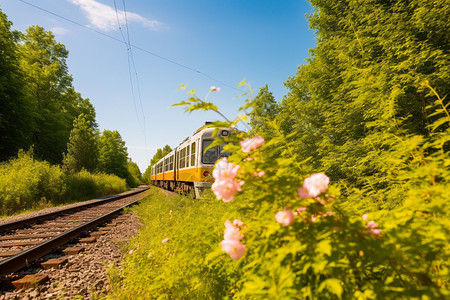 春天火车轨道旁的绿植鲜花图片