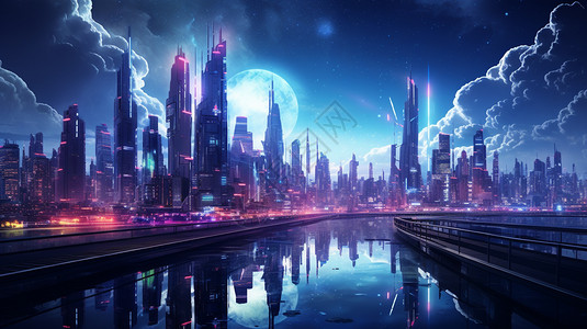 未来派霓虹灯城市景观背景图片