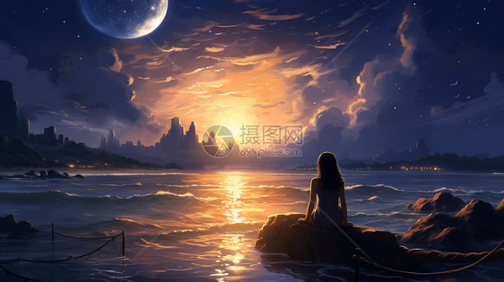 夜晚海边的少女图片