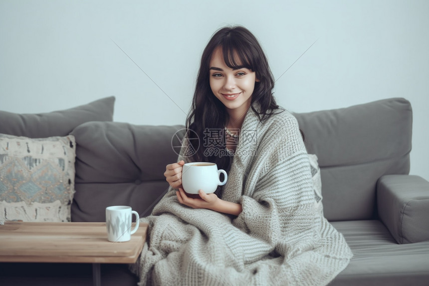 在家喝咖啡的外国女子图片