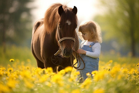 可爱的女孩抚摸小马图片