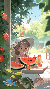 夏天吃西瓜的小女孩图片
