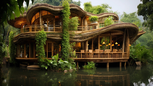 竹建筑房屋外部景观图片