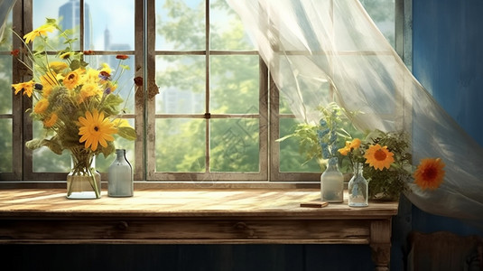 窗户旁边有一张放着花的桌子。背景图片