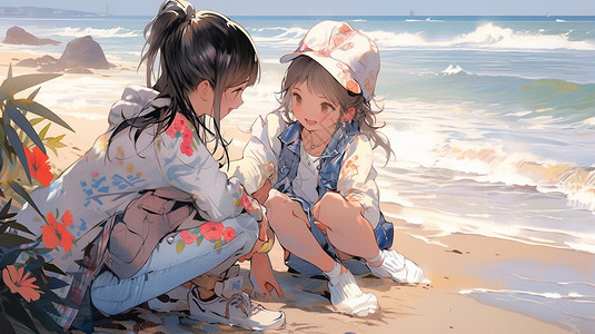 海边玩耍的姐妹背景图片