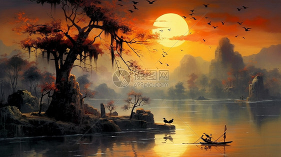 日落黄昏湖面上的江钓翁图片
