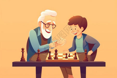 开心下棋的爷爷和孙子插画图片