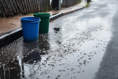 水桶和湿湿的路面图片