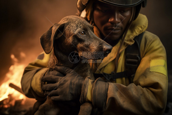 火场中的小狗和消防员图片