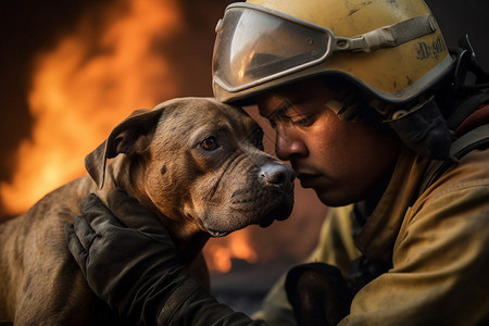 保护小狗的消防员图片