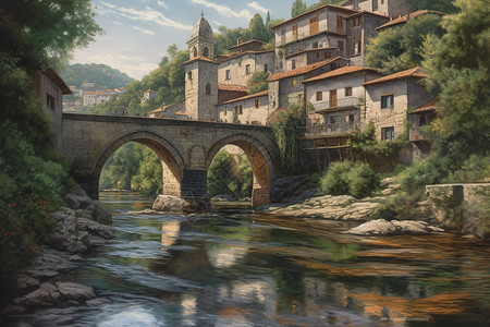 河流风景如画的小镇图片