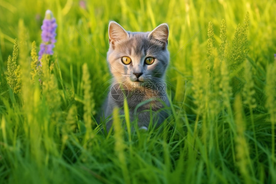 夏天公园草地上的小猫图片