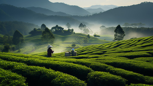 茶农在茶园劳作高清图片