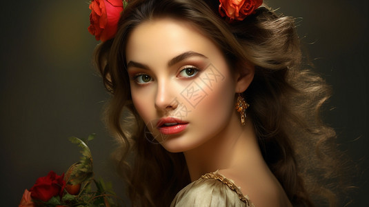 头上戴着玫瑰花的欧洲美女图片