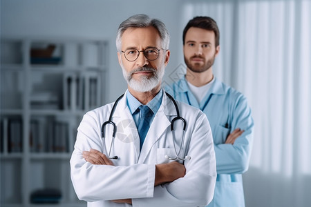 两个男医护人员抱肘站立背景图片