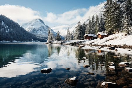 雪山下树林旁清澈见底的湖泊图片