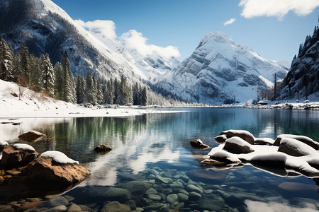 雪山下清澈的湖泊图片