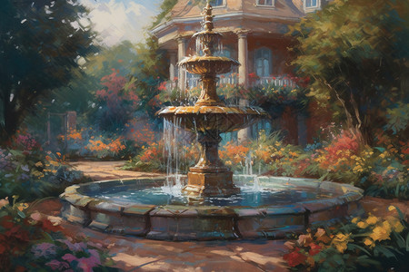 公园中的喷泉和美丽的花朵图片