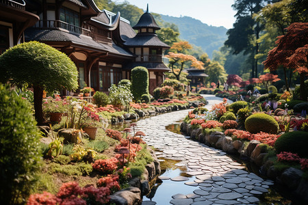 手绘植物蜿蜒的小路和美丽的鲜花背景