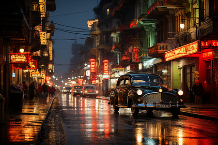 雨天出租车雨后城市的夜景背景