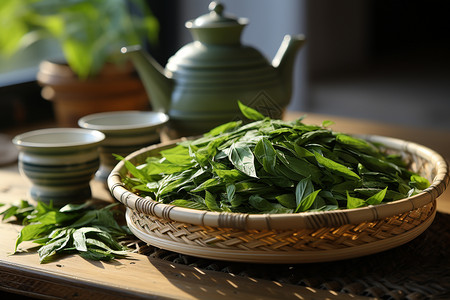 阳光下翠绿的茶叶高清图片