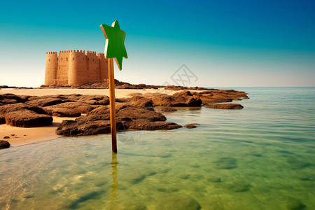 海边的地标与沙滩城堡图片