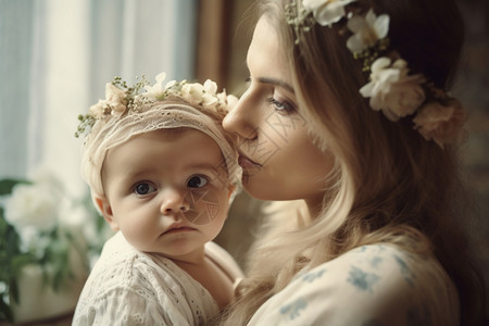 带花环的母亲和婴儿图片