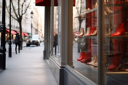 现代城市街道干净的鞋店玻璃橱窗背景