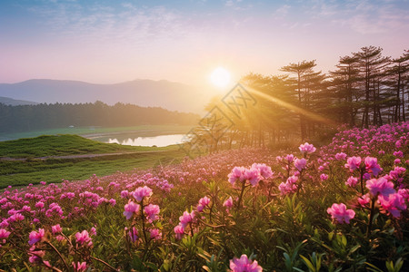 杜鹃花海与朝阳图片