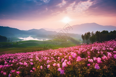 日出 山朝霞与粉色花海背景