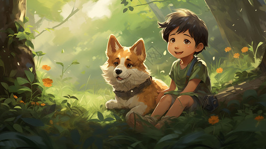 森林草地上的男孩和小狗图片