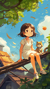 哆啦A梦小猫和女孩的艺术插图插画