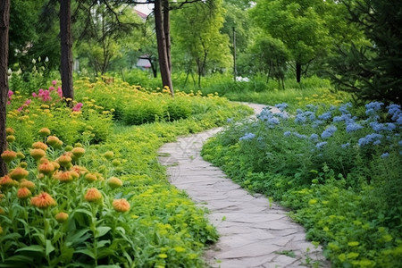 公园小路旁盛开的野花图片