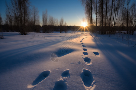 冬季雪地总的脚印图片