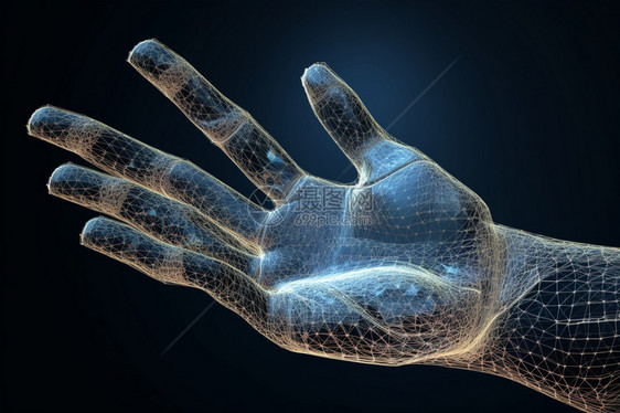 用数字化的手拥抱未来，由复杂的线条和网格组成，以3D虚拟元素的透明视角呈现。图片