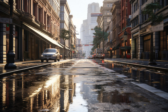阳光下潮湿的城市街道图片