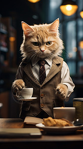 手持咖啡的猫咪图片