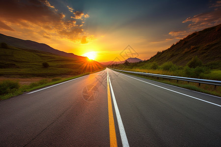 乡村道路上的夕阳高清图片