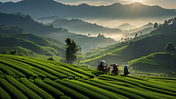 清晨的梯田茶园图片