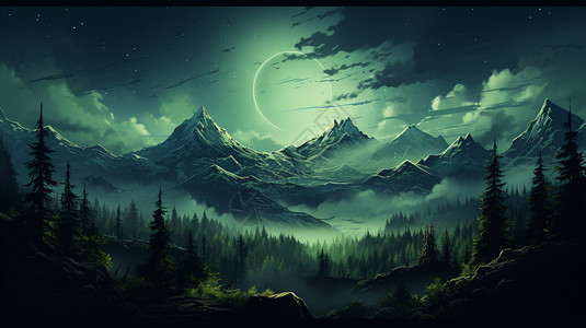 夜晚的森林景观艺术插图图片