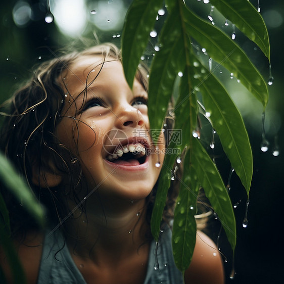 树下躲雨的开心小女孩图片