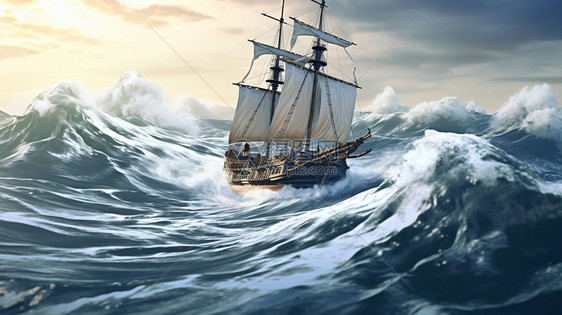 波涛汹涌大海中的古船插图图片