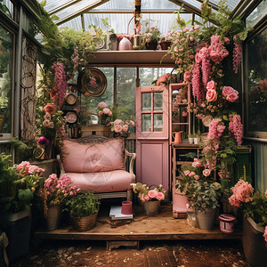 乡村的粉红色花房图片