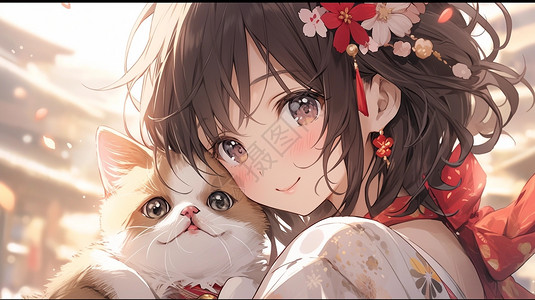 可爱的猫咪和小女孩背景图片