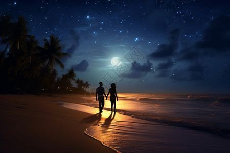 夜晚海滩月光下牵手的情侣插画