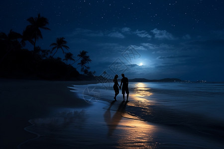 夜晚海滩海滩漫步的情侣插画