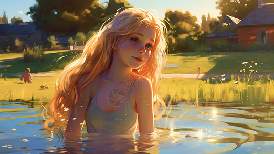 阳光照耀在泳池的女生图片