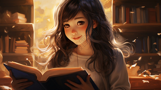 阳光下开心看书的女孩图片