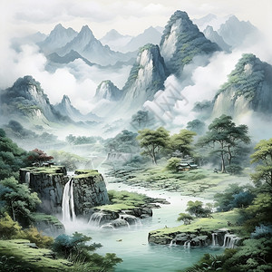 烟雨山峰中国画背景图片